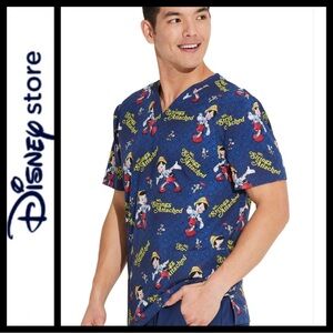 NWT Disney Men's Navy Pinocchio No Strings Attached Scrub Top